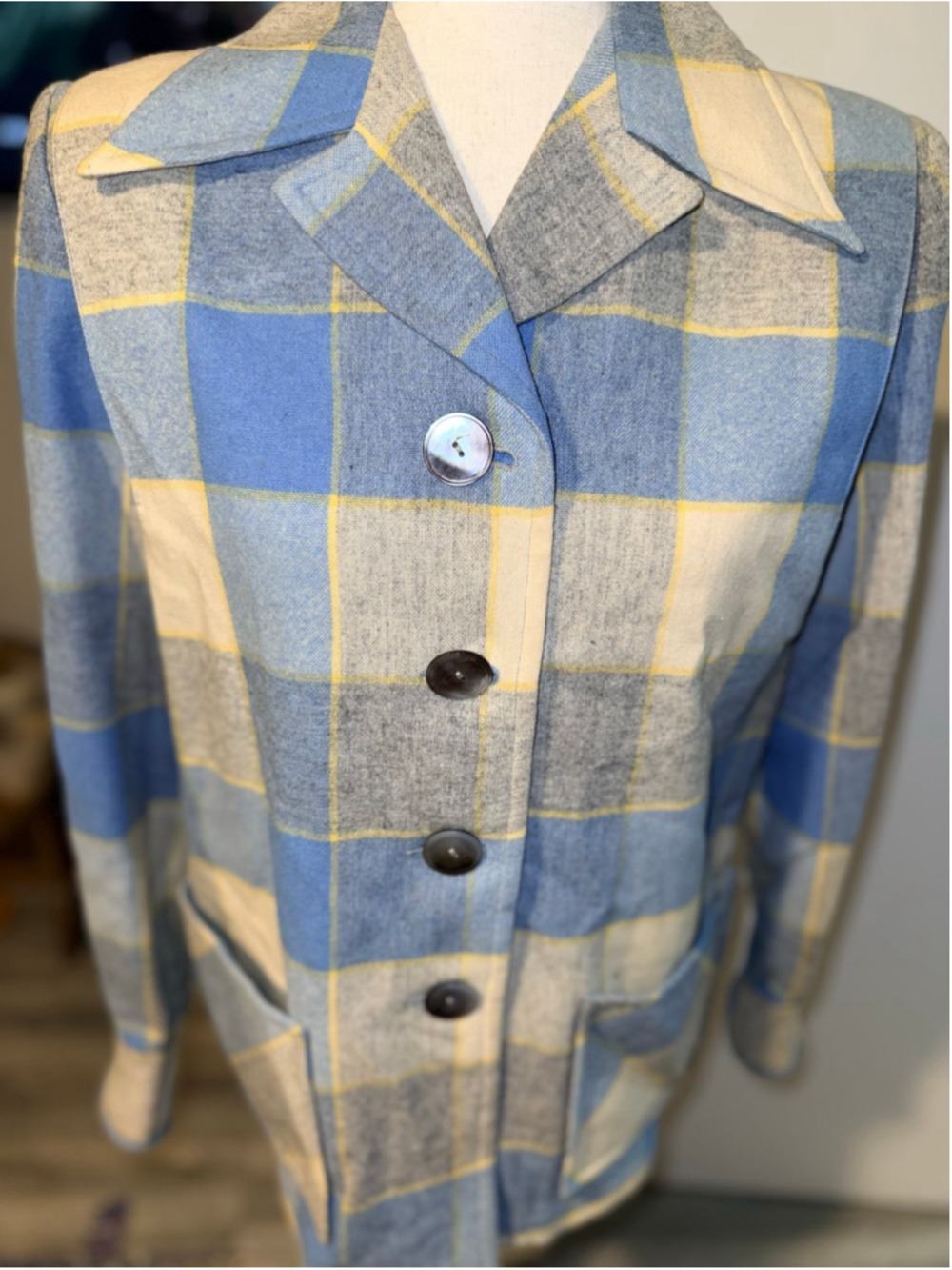 Vintage 1950s Pendleton Womens '49er Wool Jacket Plaid Gray Yellow Blue Padded S - Picture 2 of 12